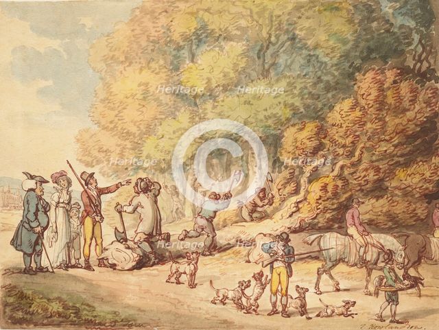 A Sportsman With His Family Instructing Woodmen To Chop Up A Felled Tree, c1816. Creator: Thomas Rowlandson.