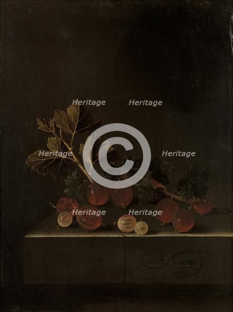 A Sprig of Gooseberries on a Stone Plinth, 1699. Creator: Adriaen Coorte.