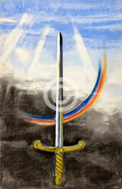 A sword pointing vertically upwards, on a section of rainbow, between 1939 and 1946. Creators: Unknown, Central Office of Information.
