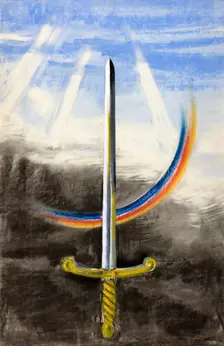 A sword pointing vertically upwards, on a section of rainbow, between 1939 and 1946. Creators: Unknown, Central Office of Information