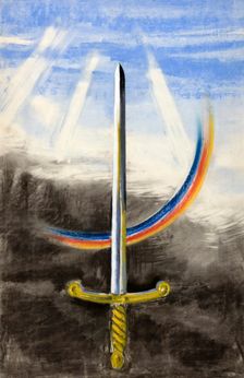 A sword pointing vertically upwards, on a section of rainbow, between 1939 and 1946. Creators: Unknown, Central Office of Information