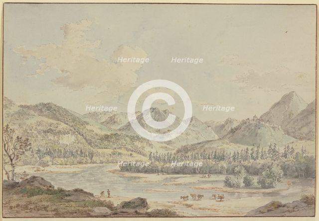 A Swiss valley with a river between fir forests; a castle on the mountain to the right, five cows... Creator: Nicolas Perignon.