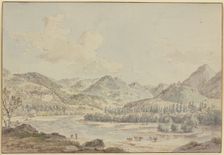 A Swiss valley with a river between fir forests; a castle on the mountain to the right, five cows... Creator: Nicolas Perignon