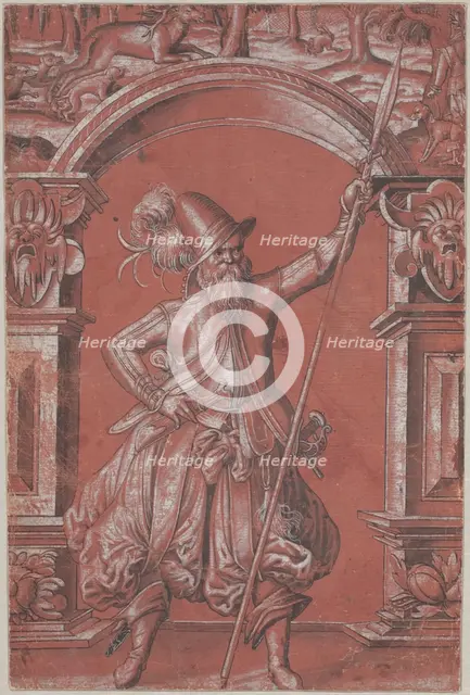 A Swiss Guard before an Ornamental Arch (recto), 1568. Creator: Abraham Bickhart.