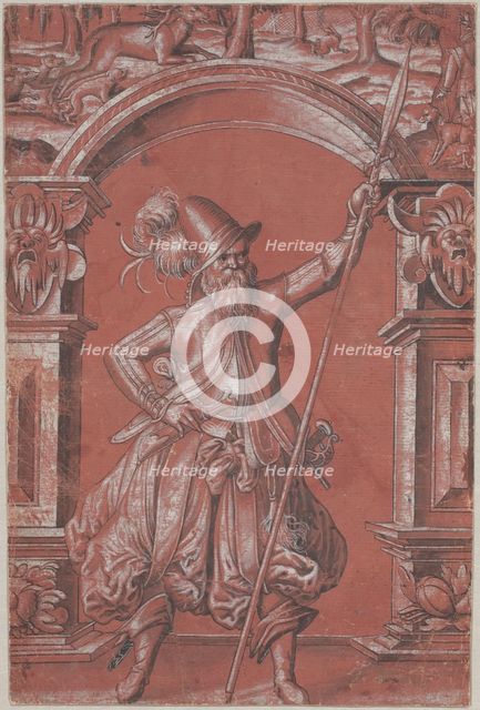 A Swiss Guard before an Ornamental Arch (recto), 1568. Creator: Abraham Bickhart.