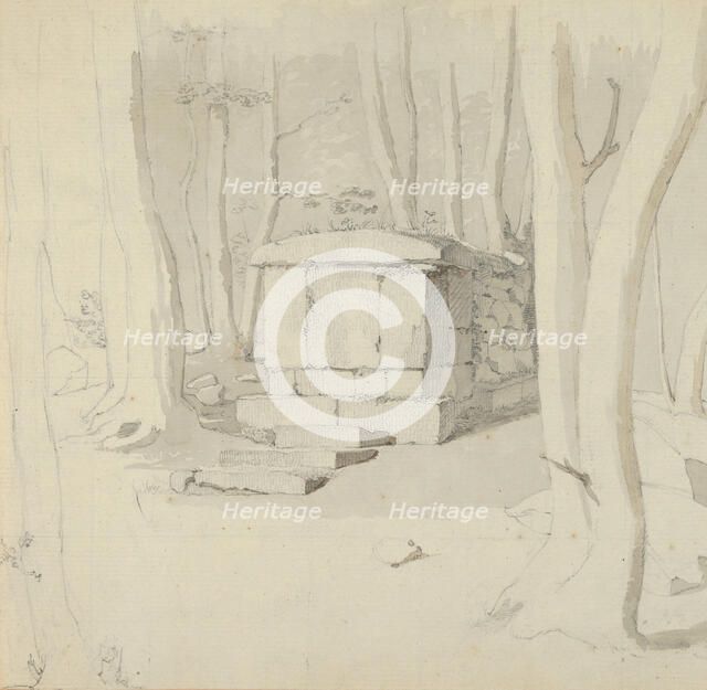 A Stone Tomb in a Forest; verso: Study of a Flower, 1830. Creator: Christen Købke.