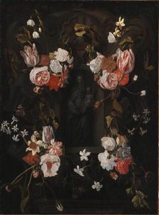 A Stone Cartouche with Virgin Mary and the Infant Christ in a Niche encircled by a..., 1645-1700. Creator: Unknown