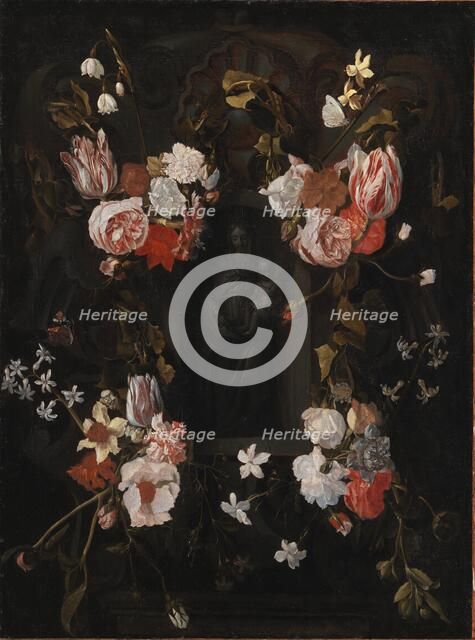 A Stone Cartouche with Virgin Mary and the Infant Christ in a Niche encircled by a..., 1645-1700. Creator: Unknown.