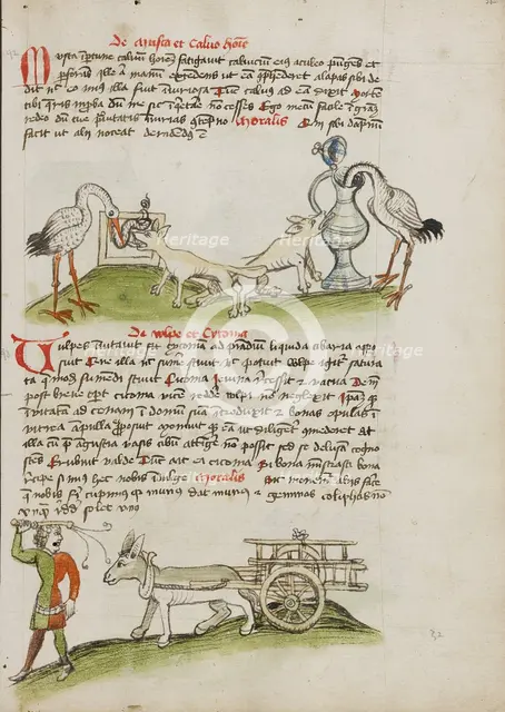 A Stork with its Head in a Vessel and a Fox Nearby: A Stork..., third quarter of 15th century. Creator: Unknown.