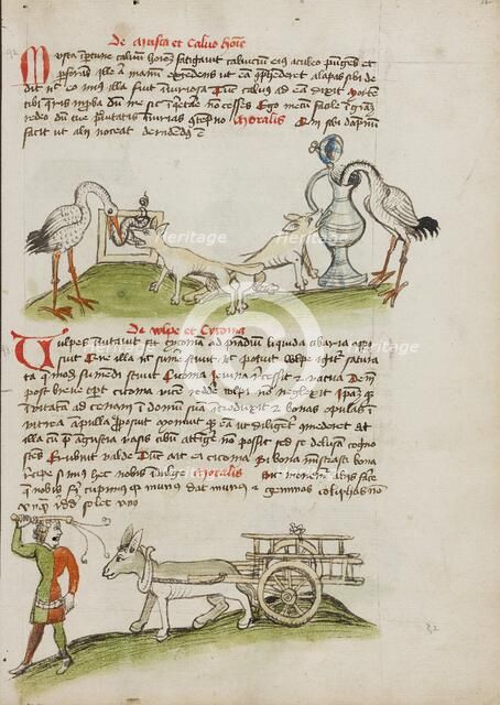 A Stork with its Head in a Vessel and a Fox Nearby: A Stork..., third quarter of 15th century. Creator: Unknown.