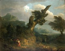 A storm - Prospero, Miranda and Caliban spy the shipwrecked Ferdinand, 1778. Creator: Thomas Jones
