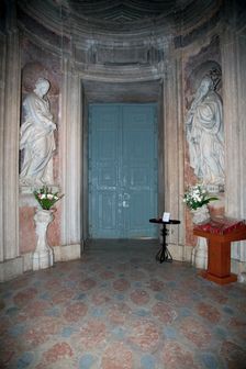 A statue of St Barbara (left) in the Mafra National Palace, Mafra, Portugal, 2009. Creator: Samuel Magal