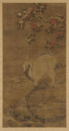 A stag, a doe, and red camellias in snow, 1367. Creator: Zhou Yuan