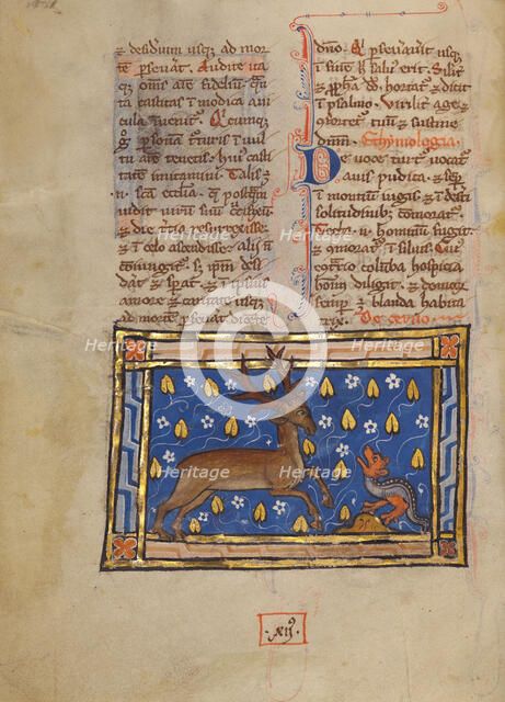 A Stag before a Dragon-like Snake; Bestiary, about 1270. Creator: Unknown.