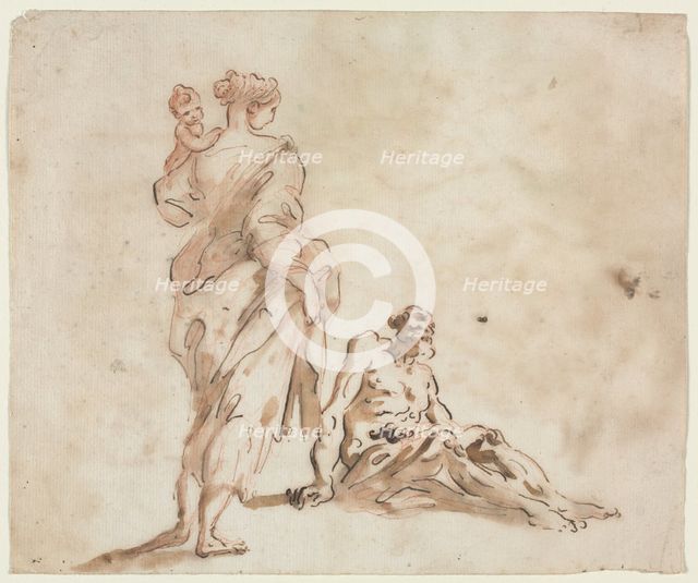 A Standing Woman Holding a Child, a Seated Male at her Feet, first half 18th century?. Creator: Alessandro Magnasco (Italian, 1667-1749).