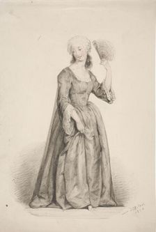 A standing woman in a black dress, her hair powdered and a fan in her hand, 1854. Creator: Karl Anders Ekman