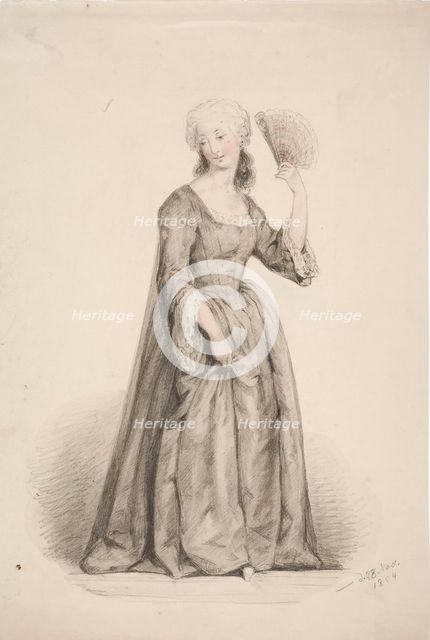 A standing woman in a black dress, her hair powdered and a fan in her hand, 1854. Creator: Karl Anders Ekman.