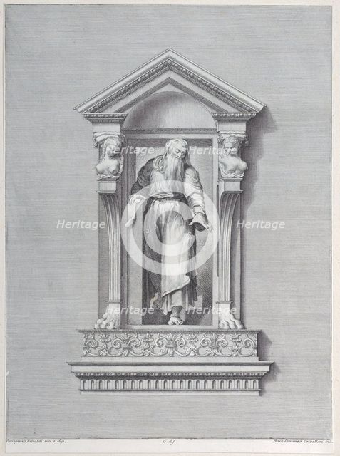 A standing man in a niche reaching forward with one arm, 1756. Creators: Bartolomeo Crivellari, Gabriel Söderling.