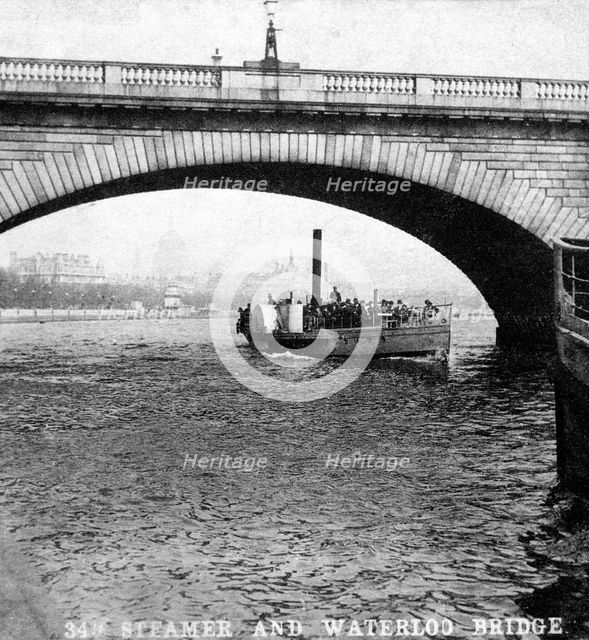 A steamer passing underneath Waterloo Bridge, London, early 20th century. Artist: Unknown