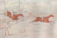 A Steeplechase: Covering a strong bullock fence. Down for a hundred!, 1927. Artist: Henry Thomas Alken