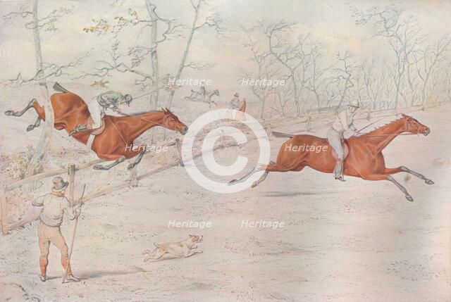 A Steeplechase:  Covering a strong bullock fence. Down for a hundred!, 1927. Artist: Henry Thomas Alken