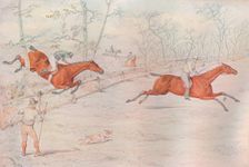 A Steeplechase: Covering a strong bullock fence. Down for a hundred!, 1927. Artist: Henry Thomas Alken