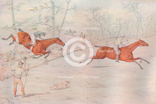 A Steeplechase:  Covering a strong bullock fence. Down for a hundred!, 1927. Artist: Henry Thomas Alken