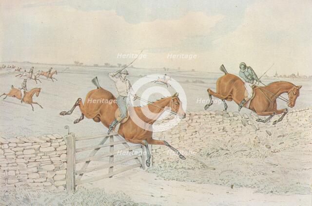 A Steeplechase: A slap at a stone enclosure. 5 to 4 on white, 1827. Artist: Henry Thomas Alken