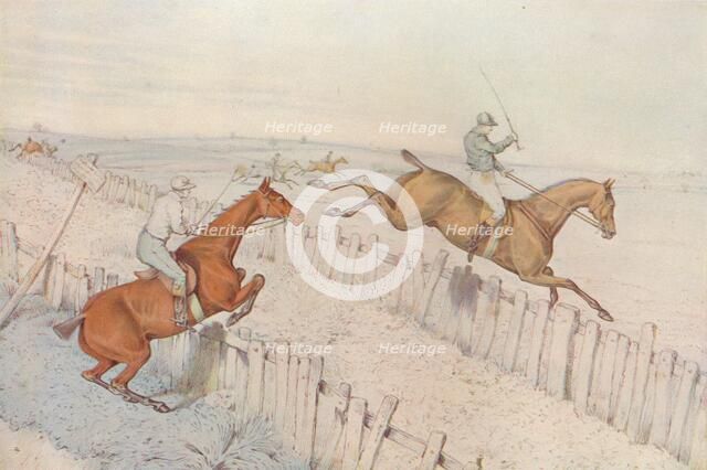 A Steeplechase: Going over an old blind roadway, and doing it well: even betting, 1827. Artist: Henry Thomas Alken