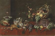 A still life with game, vegetables and fruit on a table, with a parrot on a branch, 1600-1657. Creator: Frans Snyders
