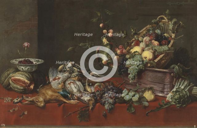 A still life with game, vegetables and fruit on a table, with a parrot on a branch, 1600-1657. Creator: Frans Snyders.