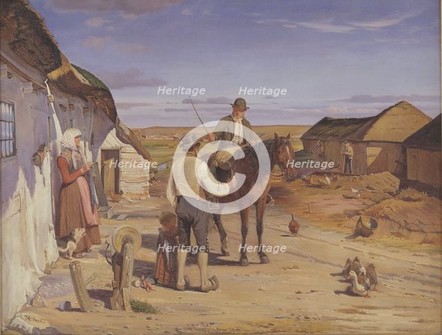 A Stranger Asking his Way at a Farm on the Moors, 1877. Creator: Hans Smidth.