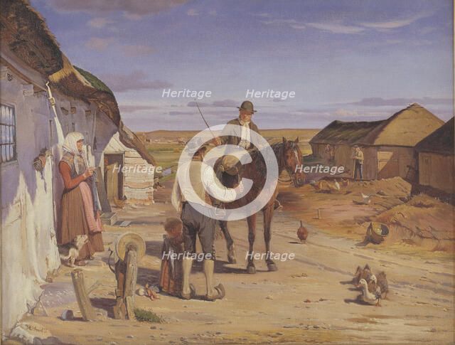 A Stranger Asking his Way at a Farm on the Moors, 1877. Creator: Hans Smidth.