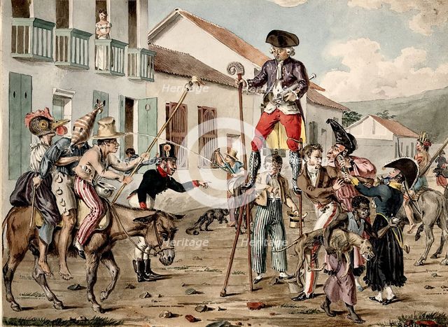 A street carnival in Bogotá, with a battle between personifications of medicine and..., 1822/1828. Creator: Francois Desire Roulin.