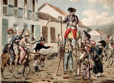 A street carnival in Bogotá, with a battle between personifications of medicine and..., 1822/1828. Creator: Francois Desire Roulin