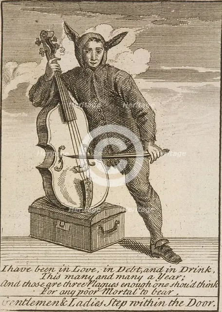 A street musician dressed in costume, Cries of London, (c1688?). Artist: Anon