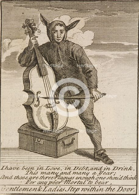 A street musician dressed in costume, Cries of London, (c1688?). Artist: Anon