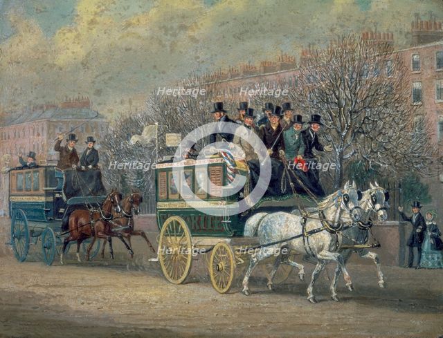 'A Street Scene with Two Omnibuses', 1845.  Creator: James Pollard.