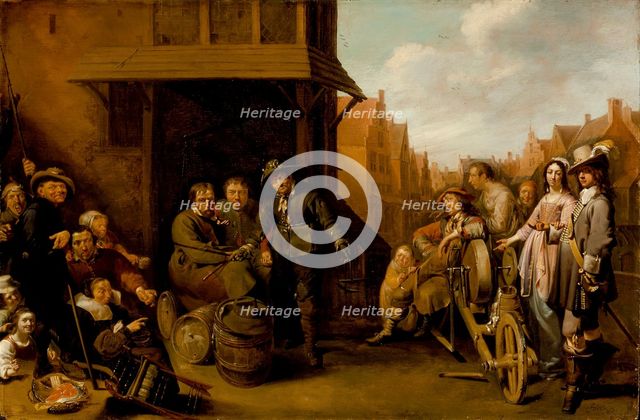 A Street Scene with Knife Grinder and Elegant Couple, c1655. Creator: Jacob Duck.