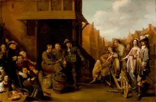 A Street Scene with Knife Grinder and Elegant Couple, c1655. Creator: Jacob Duck