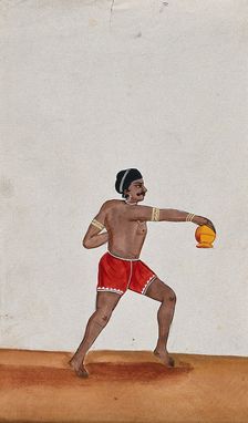 A street performer holding a small pot upside down, (between 1800 and 1899?). Creator: Unknown