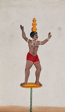 A street performer standing on a disc balancing three pots on his head, (between 1800 and 1899?). Creator: Unknown