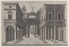 A street with various buildings, colonnades and an arch, 1475-1510. Creator: Donato Bramante