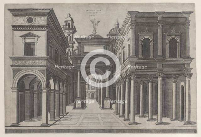 A street with various buildings, colonnades and an arch, 1475-1510. Creator: Donato Bramante.