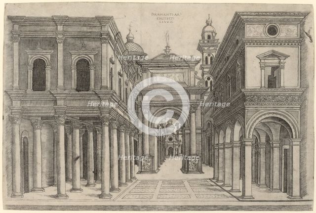 A Street with Various Buildings, Colonnades and an Arch, c. 1500/1510. Creator: Zoan Andrea.