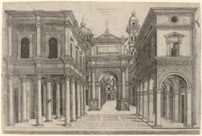 A Street with Various Buildings, Colonnades and an Arch, c. 1500/1510. Creator: Zoan Andrea