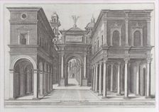 A street with buildings, colonnades and an arch, 1475-1510. Creator: School of Donato d'Agnolo Bramante