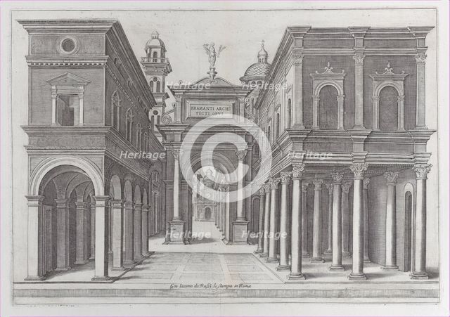 A street with buildings, colonnades and an arch, 1475-1510. Creator: School of Donato d'Agnolo Bramante.