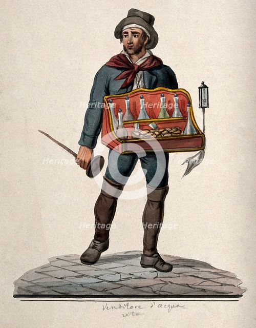 A street vendor of brandy is carrying a tray with bottles and glasses in it, 1800-1899. Creator: Unknown.