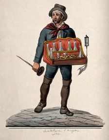 A street vendor of brandy is carrying a tray with bottles and glasses in it, 1800-1899. Creator: Unknown